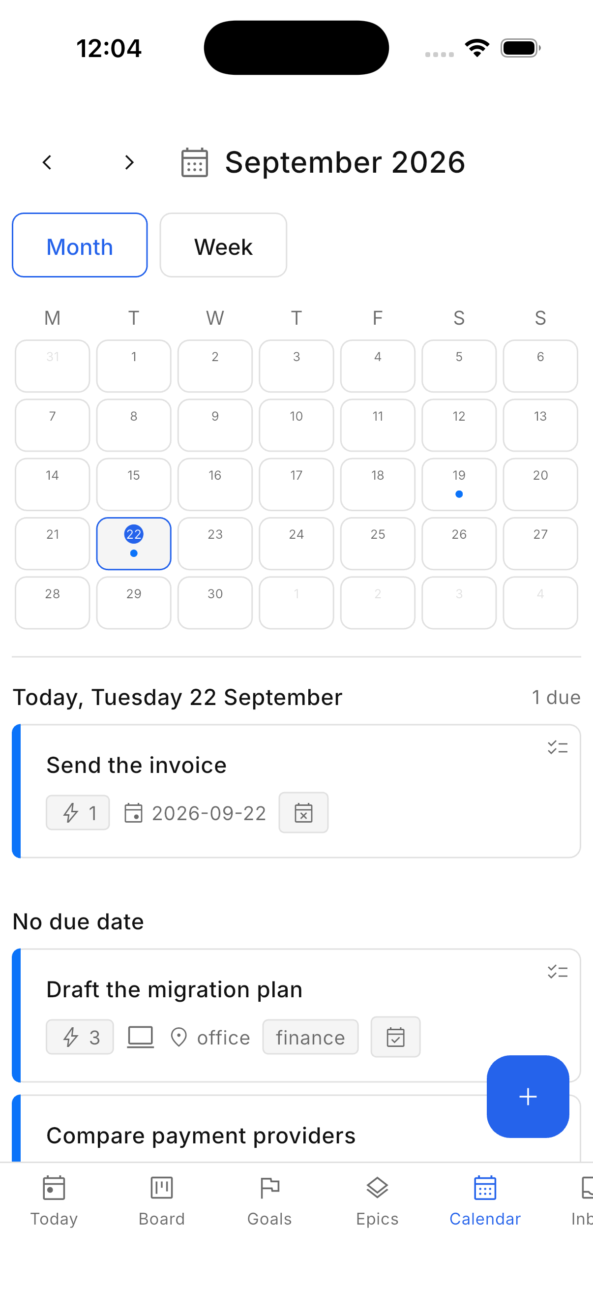 The calendar, with the days that have something due marked