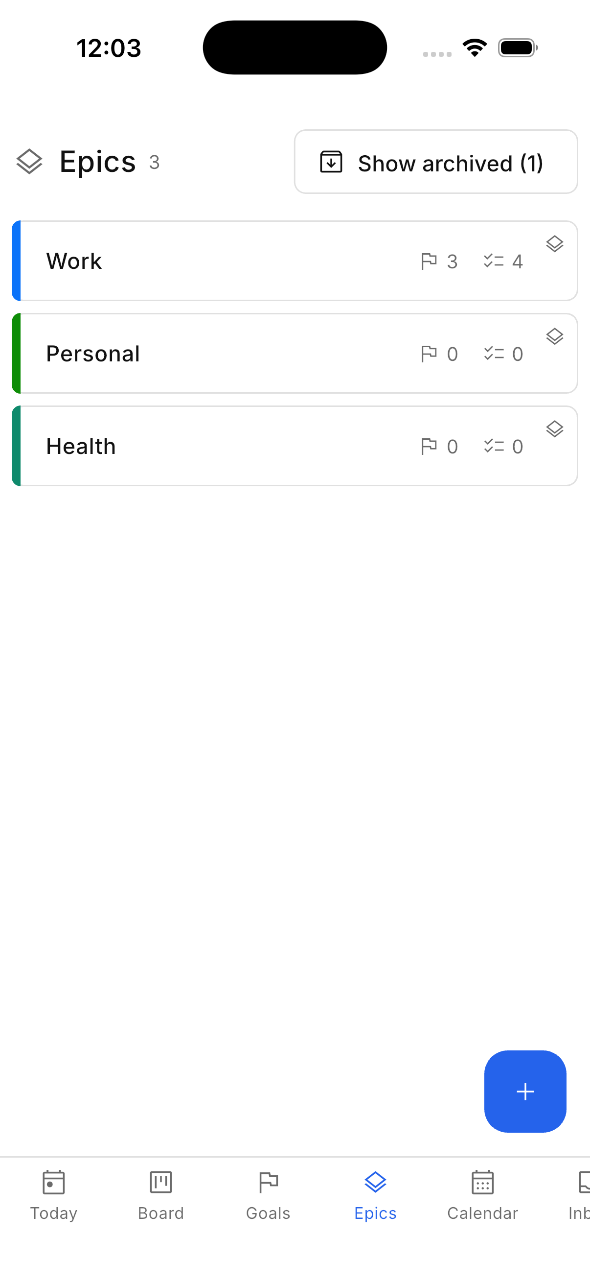 The areas view, each area showing how many goals are active and how many steps are ready