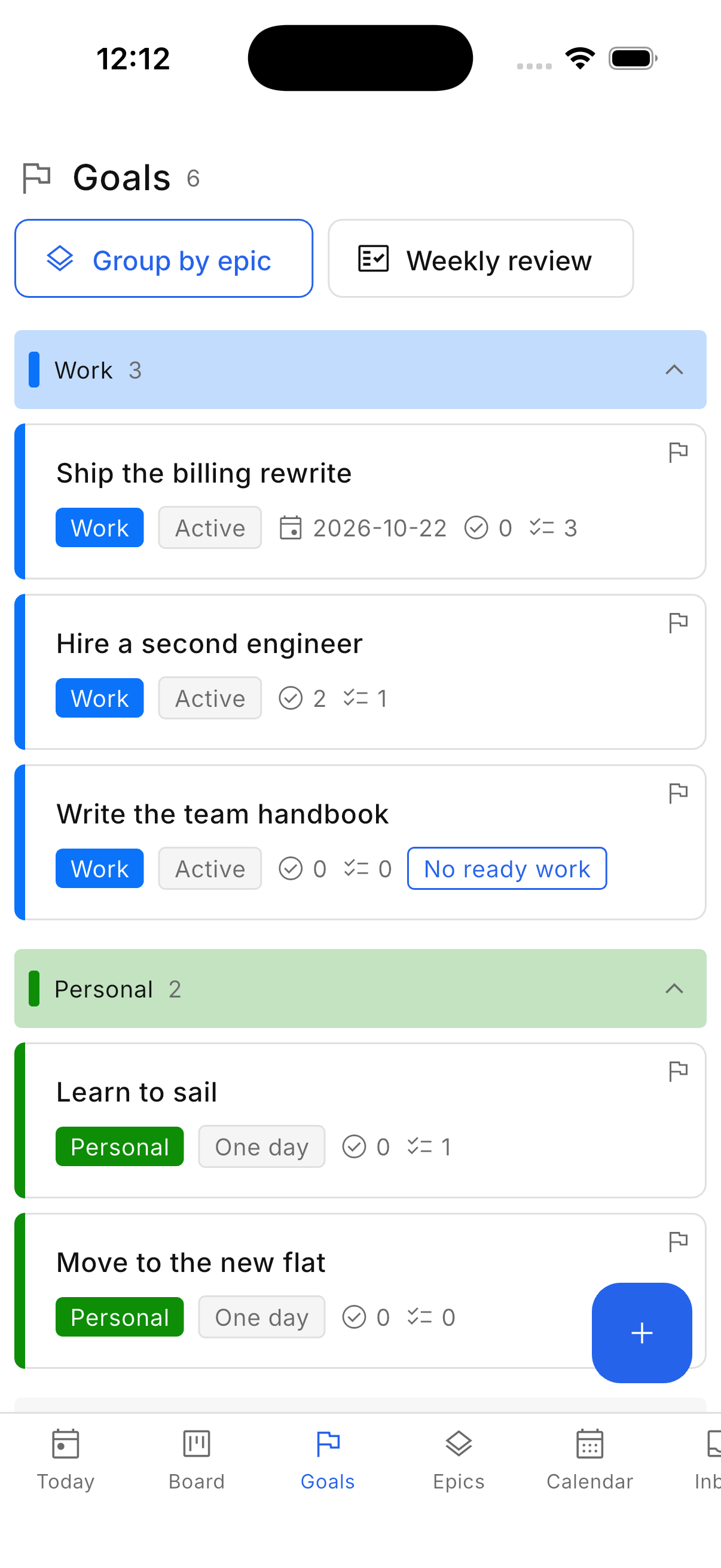 The goals list, with one goal marked as having no next step