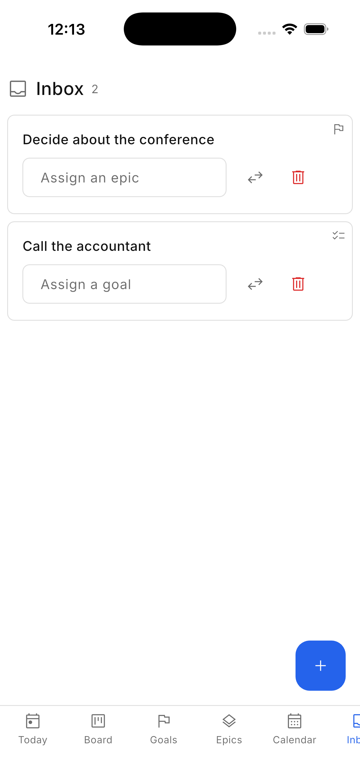 The inbox, holding a goal and a step that have not been given a place yet